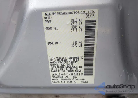 2015 Nissan Altima 2.5 S z USA, uszkodzony, nr VIN 1N4AL3AP4FC491825